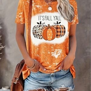 NEW Halloween Pumpkin Print Casual T-shirt, Short Sleeve Crew Neck